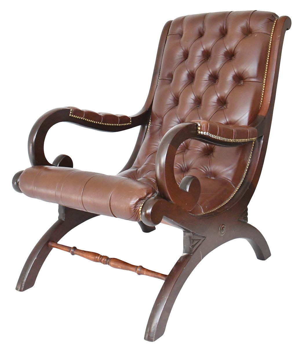 Rocking chair Chesterfield en cuir capitonné marron-photo-3