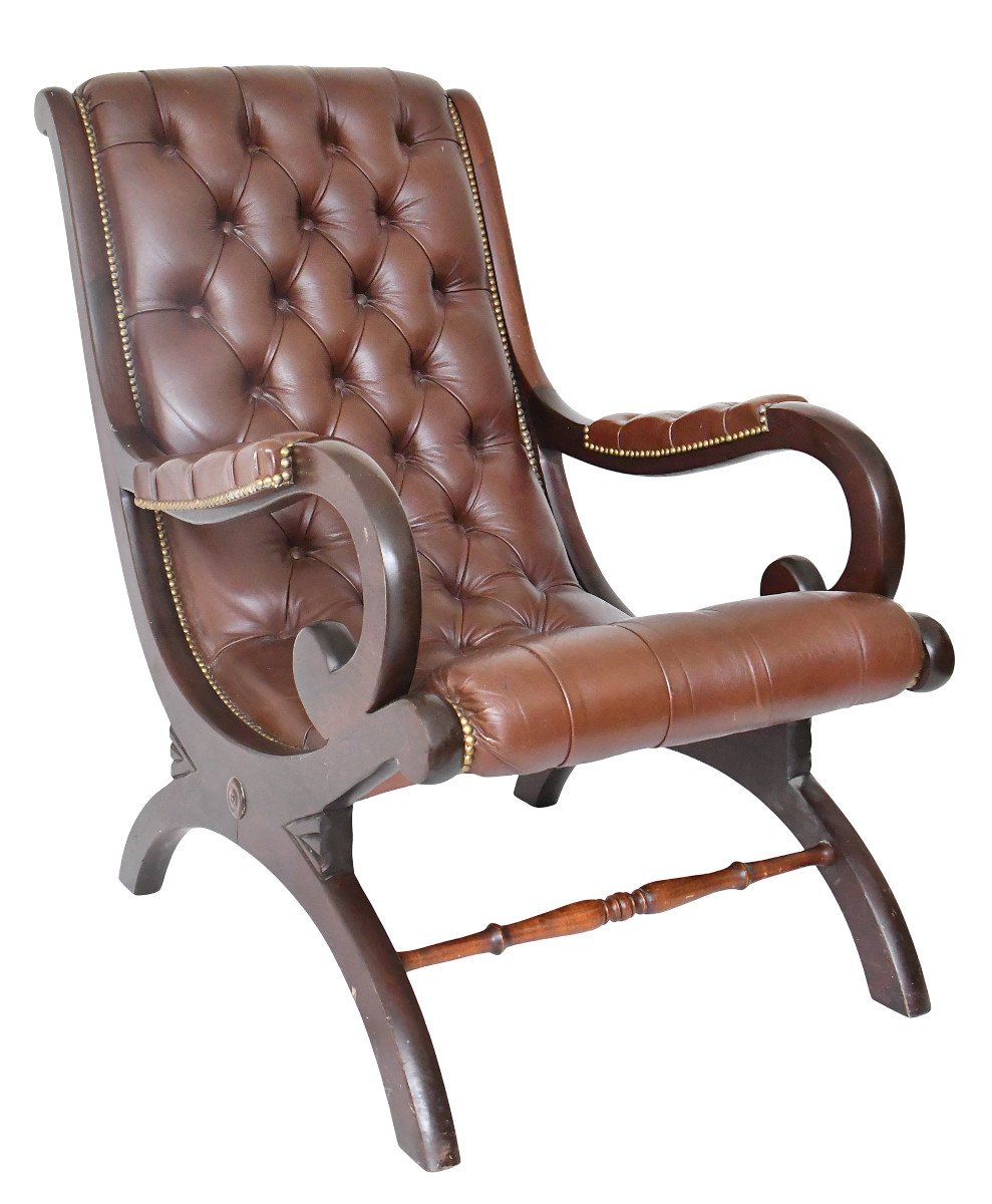 Rocking chair Chesterfield en cuir capitonné marron