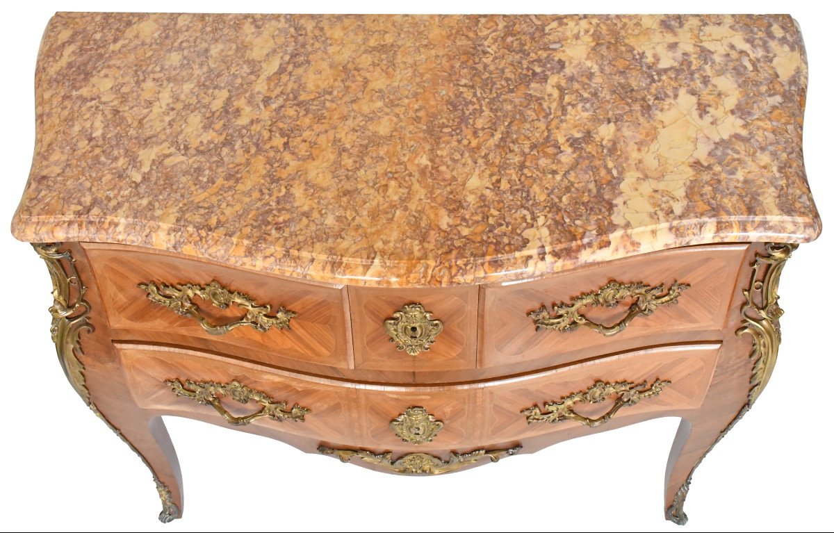 Commode tombeau de style Louis XV en marqueterie bois de rose-photo-3