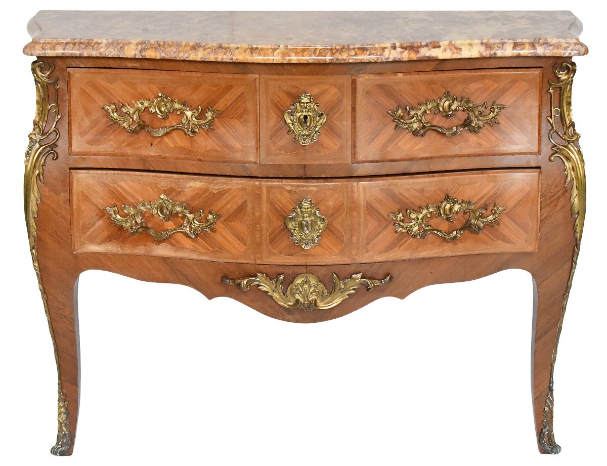 Commode tombeau de style Louis XV en marqueterie bois de rose