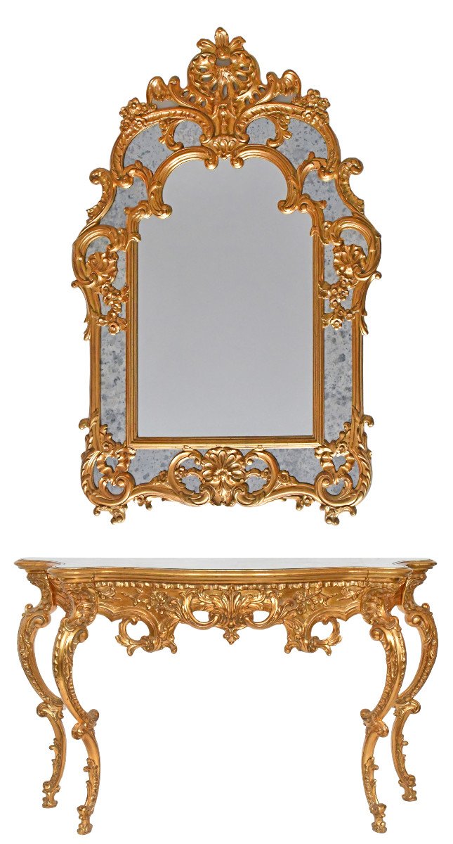 Console avec miroir en bois doré et richement sculpté