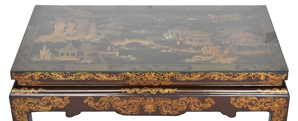 Painted And Lacquered Chinese Coffee Table Decorated With Scenes From Life-photo-3