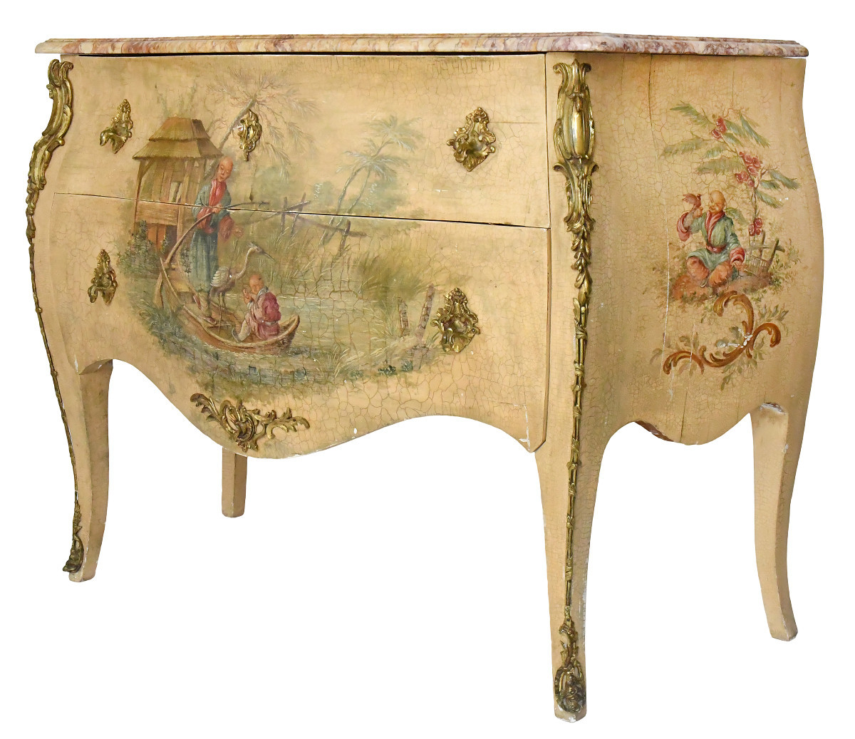 Commode de style Louis XV en bois laqué à décor polychrome au chinois sur fond beige