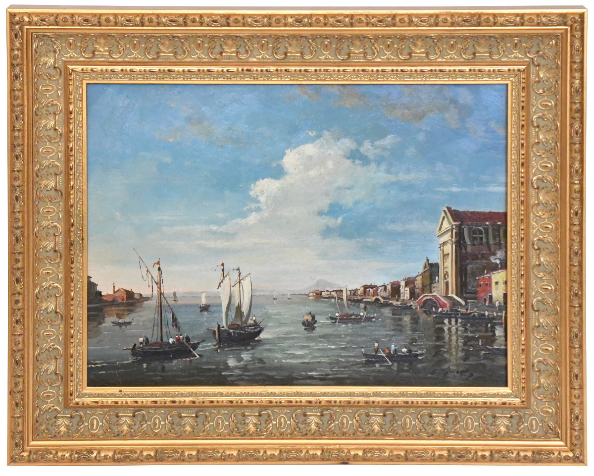E. Jacob (19th - 20th Century) Oil On Canvas View Of Venice With Gondolas