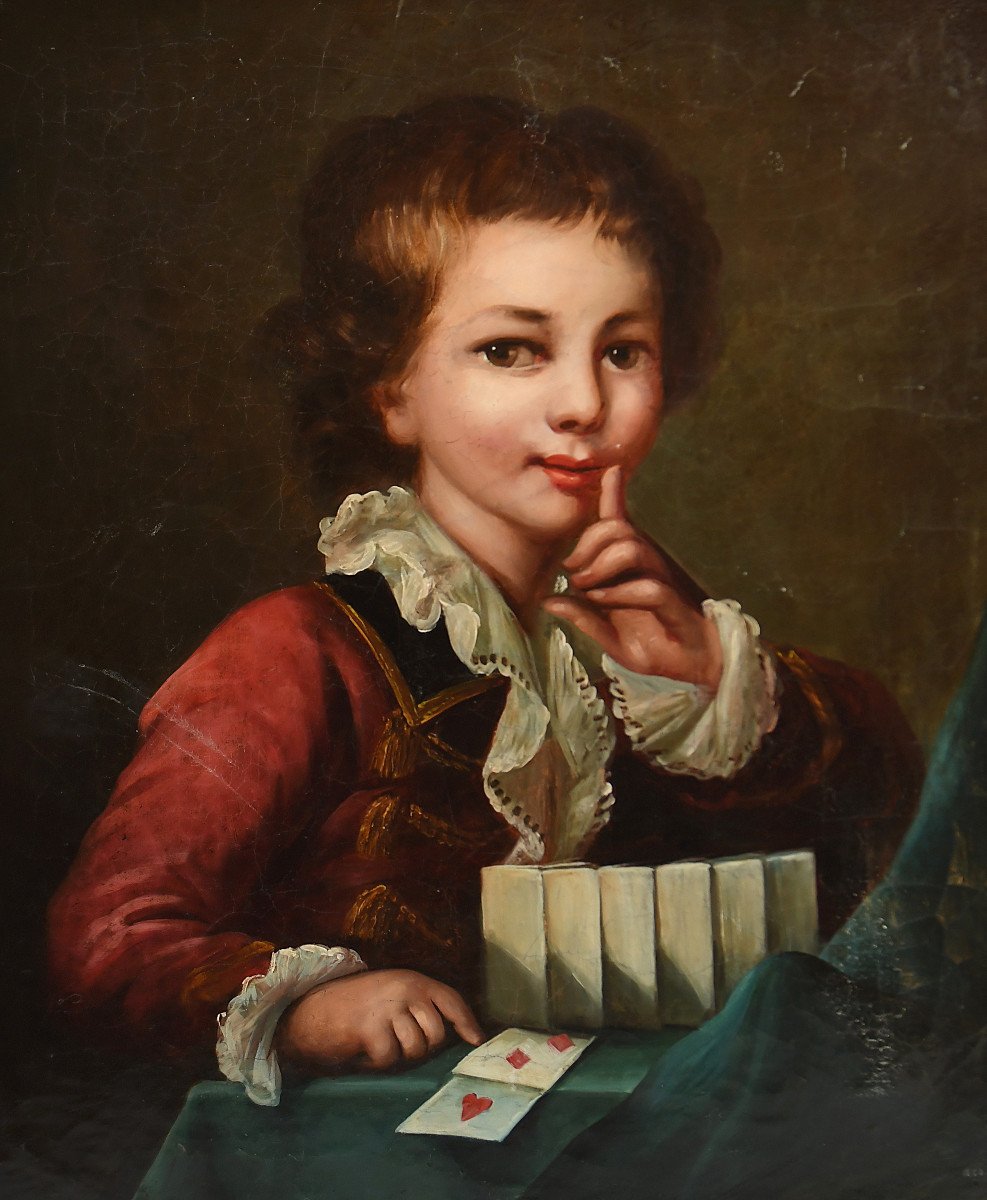 Oil On Canvas Representing A Young Boy Playing Cards-photo-2