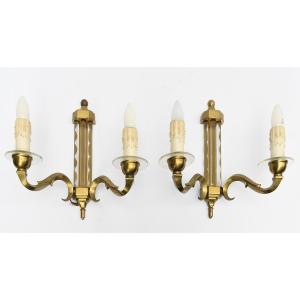 Pair Of Sconces In Brass And Glass With Two Arms Of Light With Leafy Windings