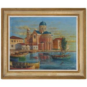 G. ECKERT Huile sur toile « Basilique Notre-Dame-de-la-Victoire de Saint-Raphaël et les barques au port »