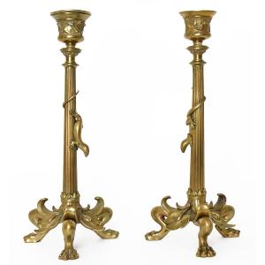 Pair Of Gilded Bronze Candlesticks Decorated With Lizards