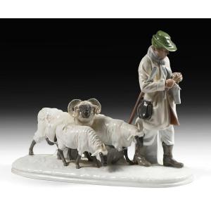 Meissen Porcelain Group Model Y155 Shepherd Knitting Accompanied By His Troop