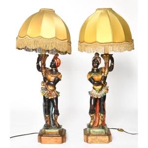 Pair Of Carved Wooden Lamps With Nubian Decoration 