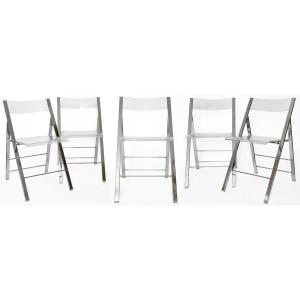 Set Of 5 Folding Chairs From The 1970s In Chromed Metal And Plexiglass 