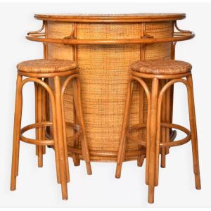 Vintage Bar Cabinet With Two Rattan Stools From The 1960s/70s  