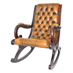 Rocking chair Chesterfield en cuir capitonné marron