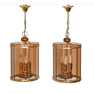 Pair Of Lanterns From The 1980s In Gilded Brass, Wood And Smoked Glass Plates