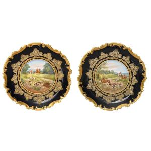 Pair Of Limoges Porcelain Dishes Decorated With Hunting Scenes Painted By Abel Golse 