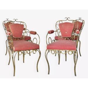 4 Gilded Wrought Iron Chairs Attributed To René Drouet (1899 - 1993)