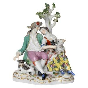 Groupe en porcelaine de Meissen représentant Couple d’amoureux sous un arbre, Modèle D19