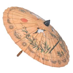 Ombrelle japonaise dit Wagasa vintage en bambou et papier de riz à décor peint de grue