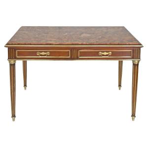 Louis XVI Style Desk Table In Solid Mahogany And Mahogany Veneer With Marble Top