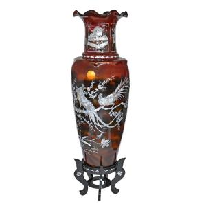 Important Chinese Vase In Boiled Cardboard, Fiber And Mother-of-pearl Marquetry