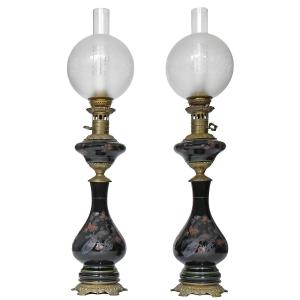 Pair Of Black Opaline Oil Lamps With Enameled Decoration Of Peacocks And Flowers