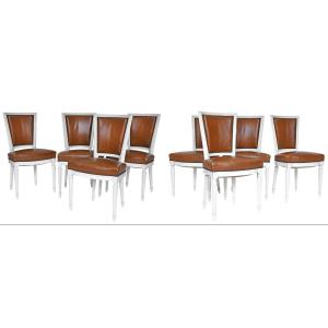 Set Of 8 Louis XVI Style Chairs In White Painted Wood And Brown Leather Upholstery