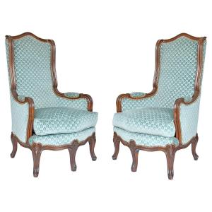 Pair Of Louis XV Style Wingback Armchairs With Five Legs