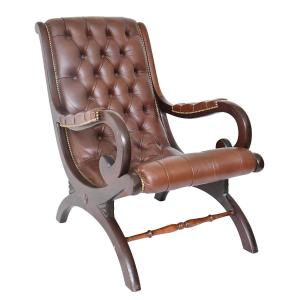 Rocking chair Chesterfield en cuir capitonné marron