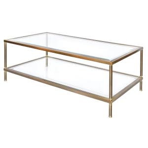 Coffee Table In Gilded Brass And Two Beveled Glass Tops