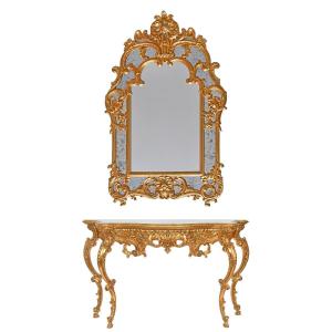 Console With Mirror In Gilded And Richly Carved Wood