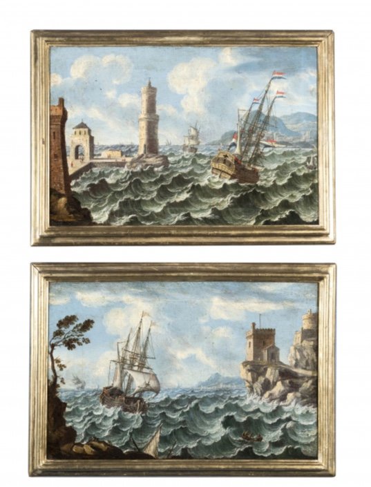 Paire De Tableaux Figurant Des Paysages Marins Avec Des Bateaux