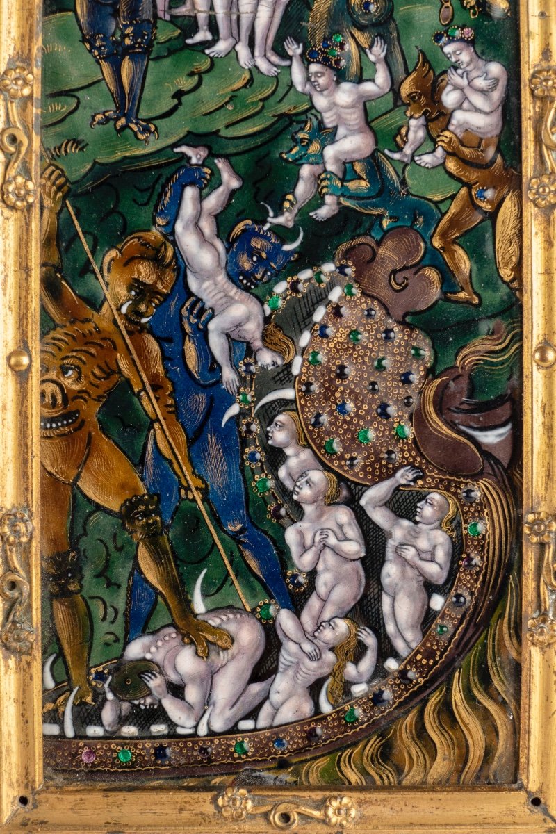 Limoges Enamel Triptych Depicting The Last Judgment With A Gilt Bronze Frame-photo-5