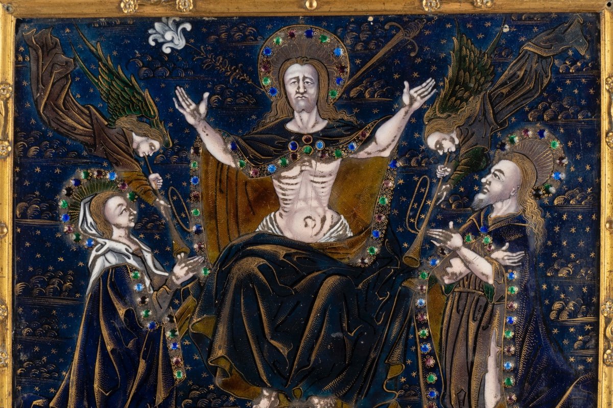 Limoges Enamel Triptych Depicting The Last Judgment With A Gilt Bronze Frame-photo-8