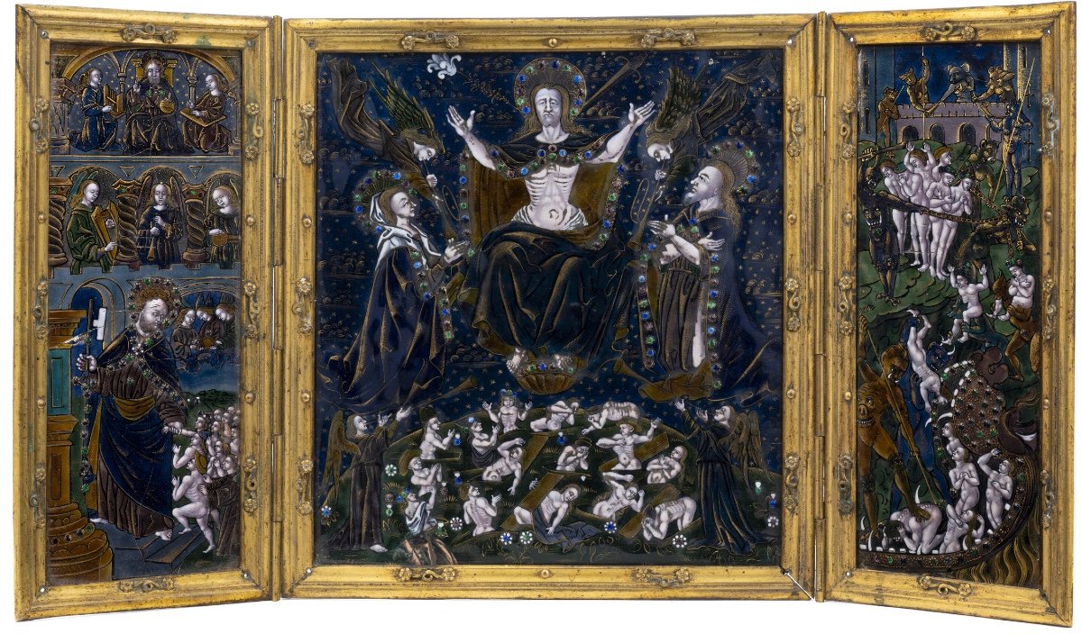 Limoges Enamel Triptych Depicting The Last Judgment With A Gilt Bronze Frame