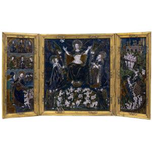 Limoges Enamel Triptych Depicting The Last Judgment With A Gilt Bronze Frame