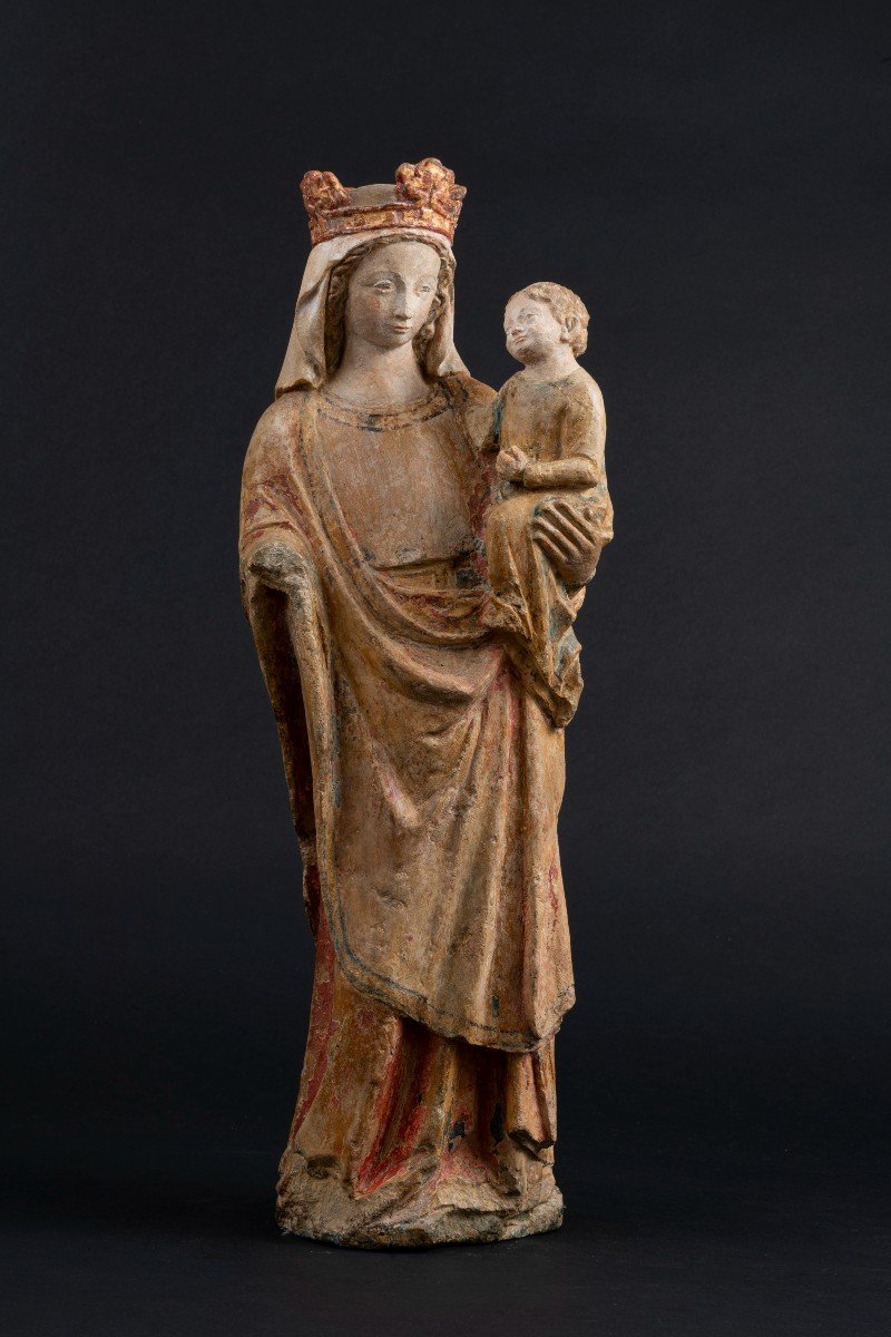 Vierge à l'Enfant, Pierre Calcaire Polychrome, Bassin Parisien, XIVe Siècle-photo-2