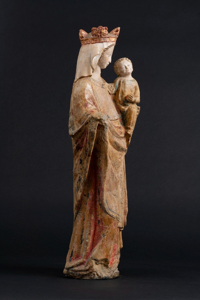 Vierge à l'Enfant, Pierre Calcaire Polychrome, Bassin Parisien, XIVe Siècle-photo-3