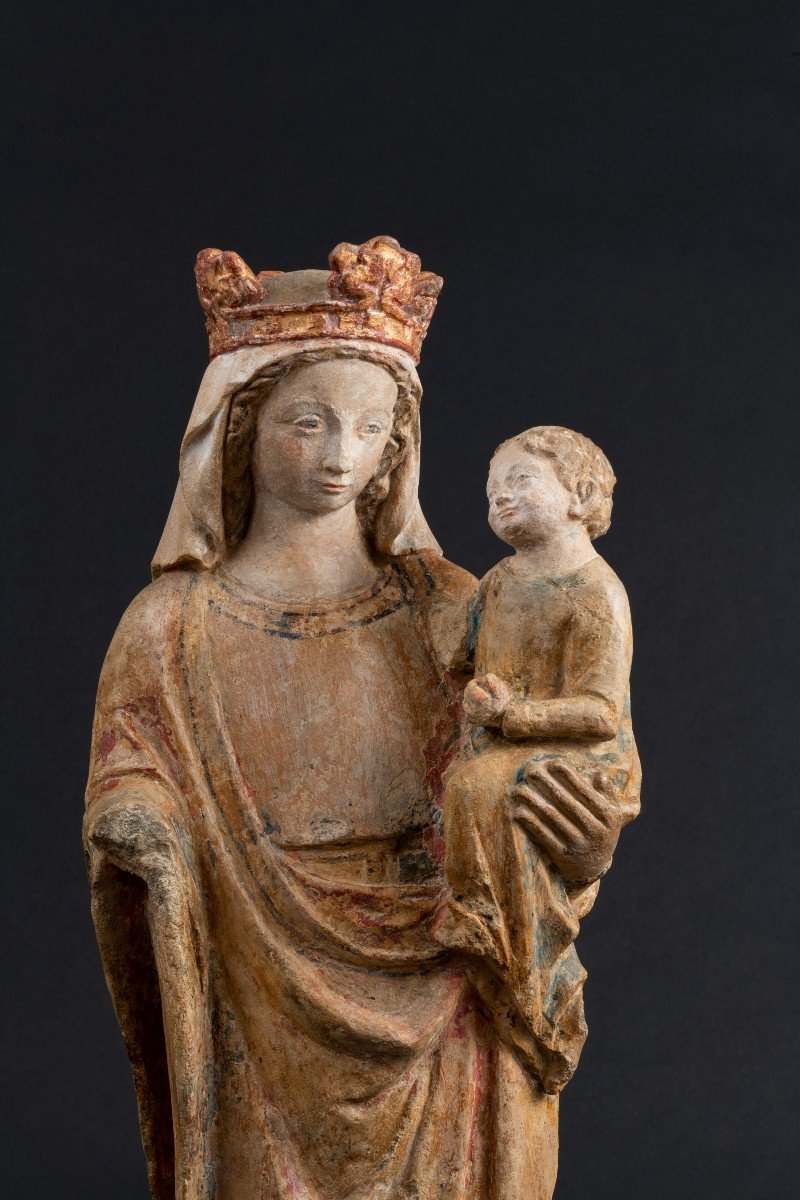 Vierge à l'Enfant, Pierre Calcaire Polychrome, Bassin Parisien, XIVe Siècle-photo-1