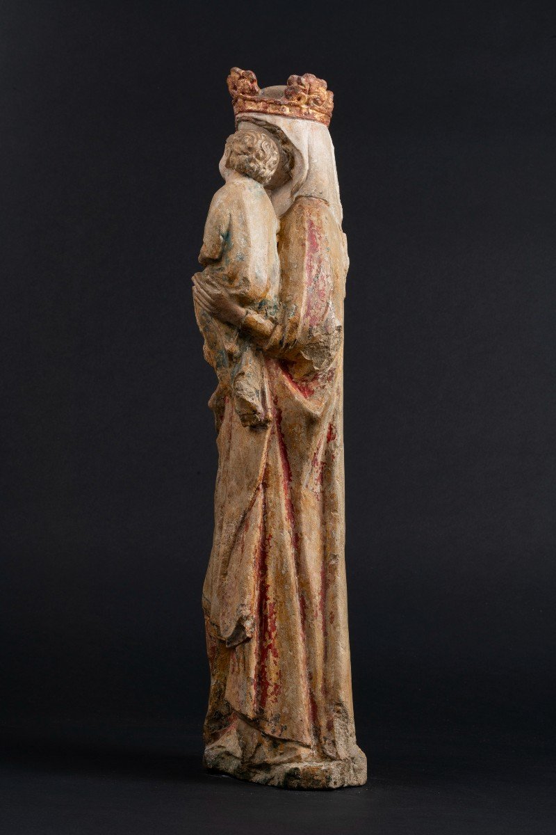 Vierge à l'Enfant, Pierre Calcaire Polychrome, Bassin Parisien, XIVe Siècle-photo-2