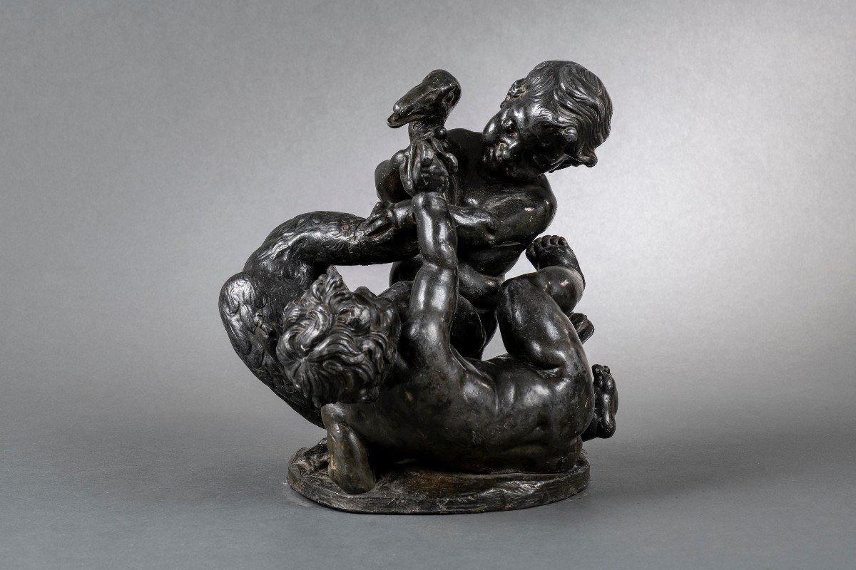 Group Of Putti Fighting A Swan In Patinated Lead Attributed To Barthelemy Guibal (1699-1757)-photo-4