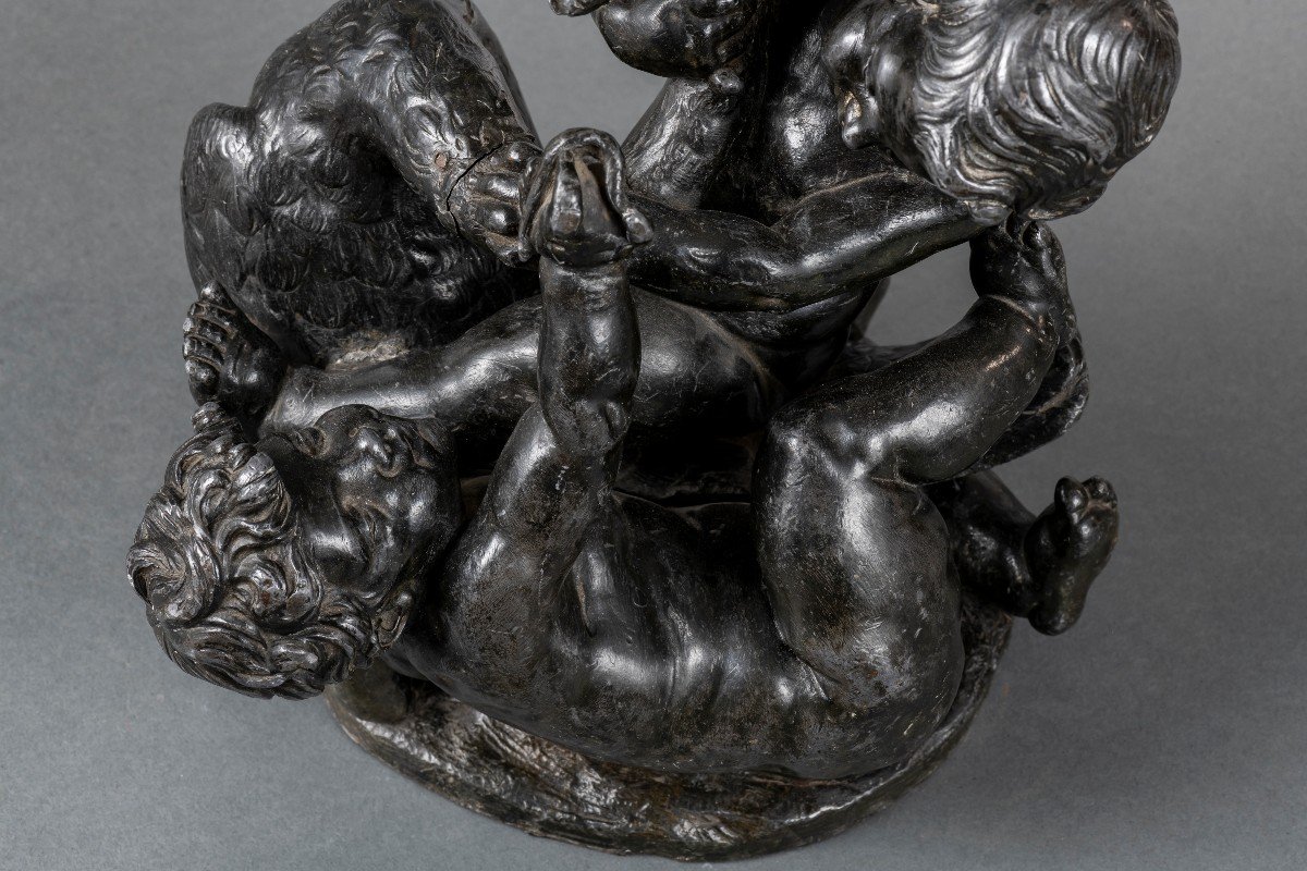 Group Of Putti Fighting A Swan In Patinated Lead Attributed To Barthelemy Guibal (1699-1757)-photo-3