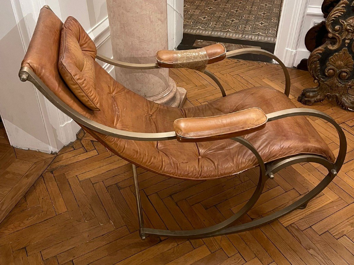 Peter Cooper (1793-1883) Steel Frame Rocking Chair With Leather Upholstery - England, 19th Century