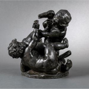 Group Of Putti Fighting A Swan In Patinated Lead Attributed To Barthelemy Guibal (1699-1757)