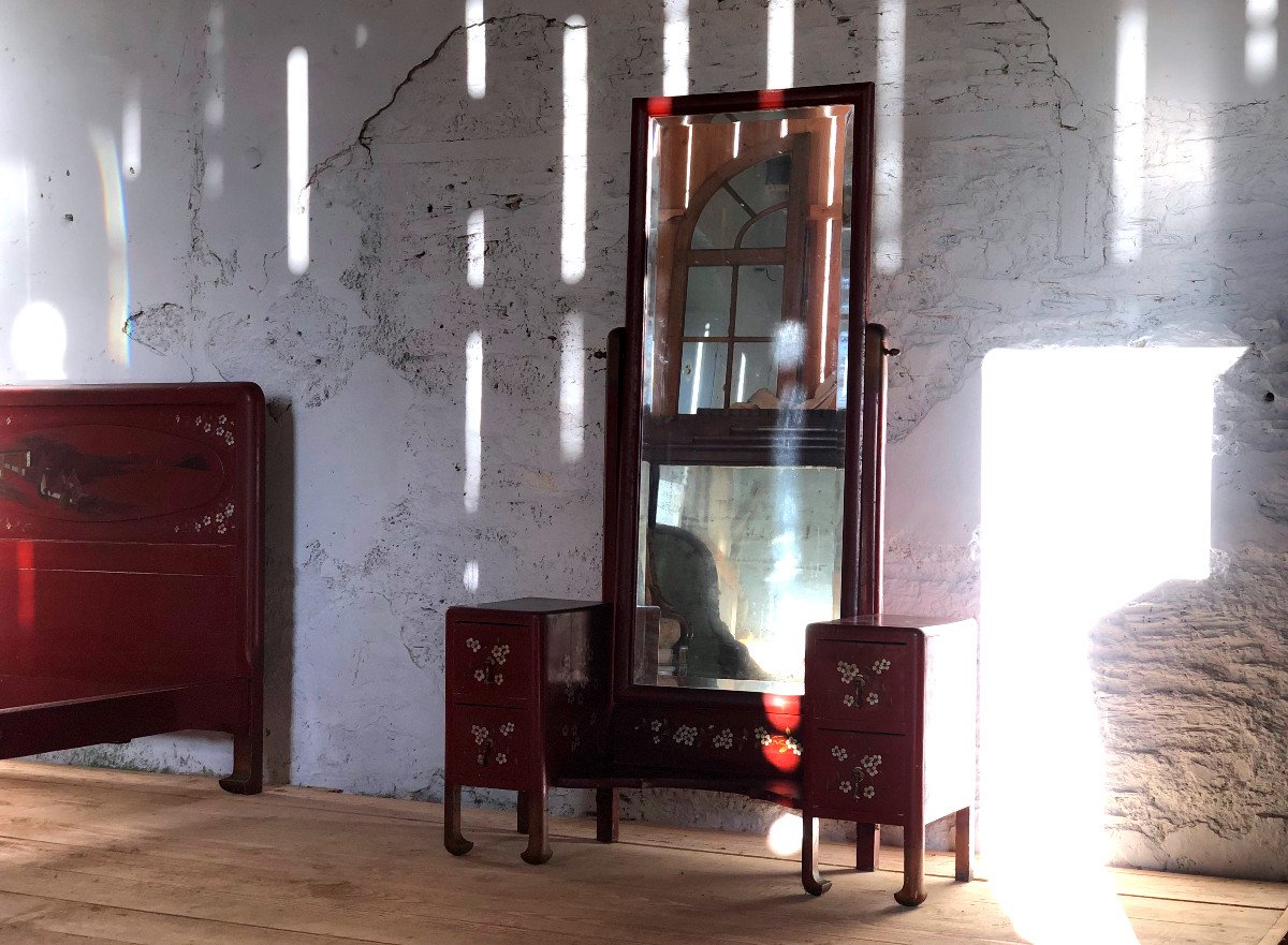 Chambre à Coucher Rouge Au Décors Japonisants, Années 1900-photo-3