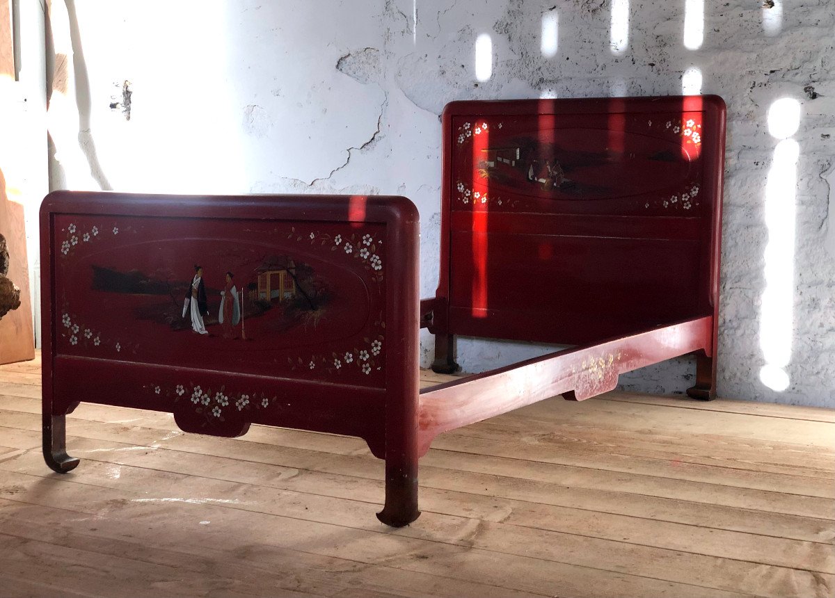 Chambre à Coucher Rouge Au Décors Japonisants, Années 1900-photo-2