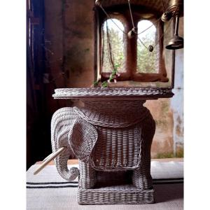 Elephant En Osier - Table d'Appoint - 1970