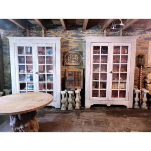 Pair Of Bookcases In Oak, Milky Patina, Glass Doors _ 20th