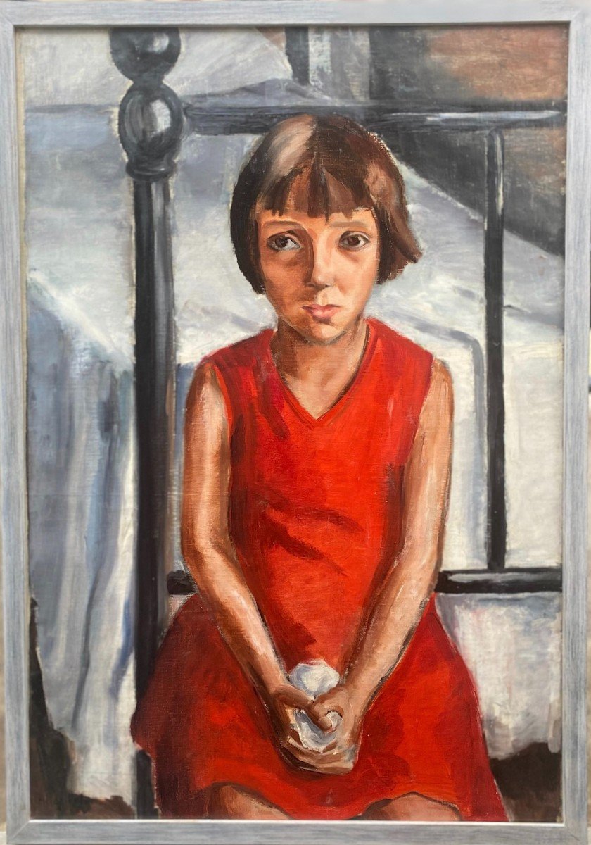 The Red Dress: Young Girl By Female Painter Alice Kohn Art Deco Period Circa 1935 -photo-2