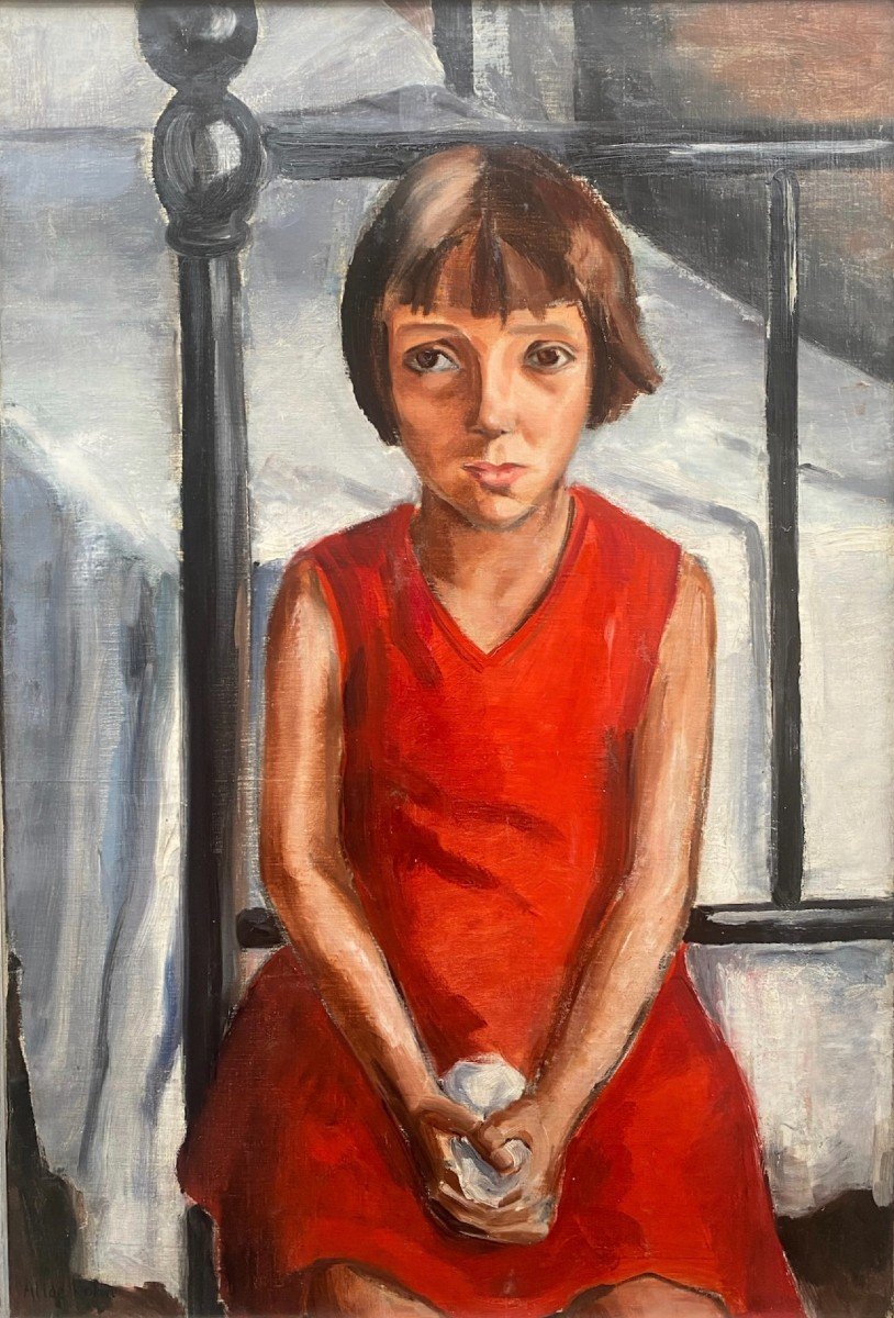 The Red Dress: Young Girl By Female Painter Alice Kohn Art Deco Period Circa 1935 