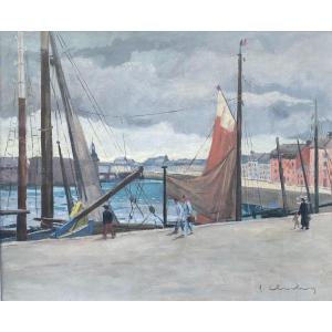 Port In Brittany: Strollers  And Sailors, Figurative Painting From The 1940s Artist From Rennes